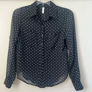 Xhilaration Black Polka Dot Semi-Sheer Lace Black White ButtonWomen's Blouse Top
